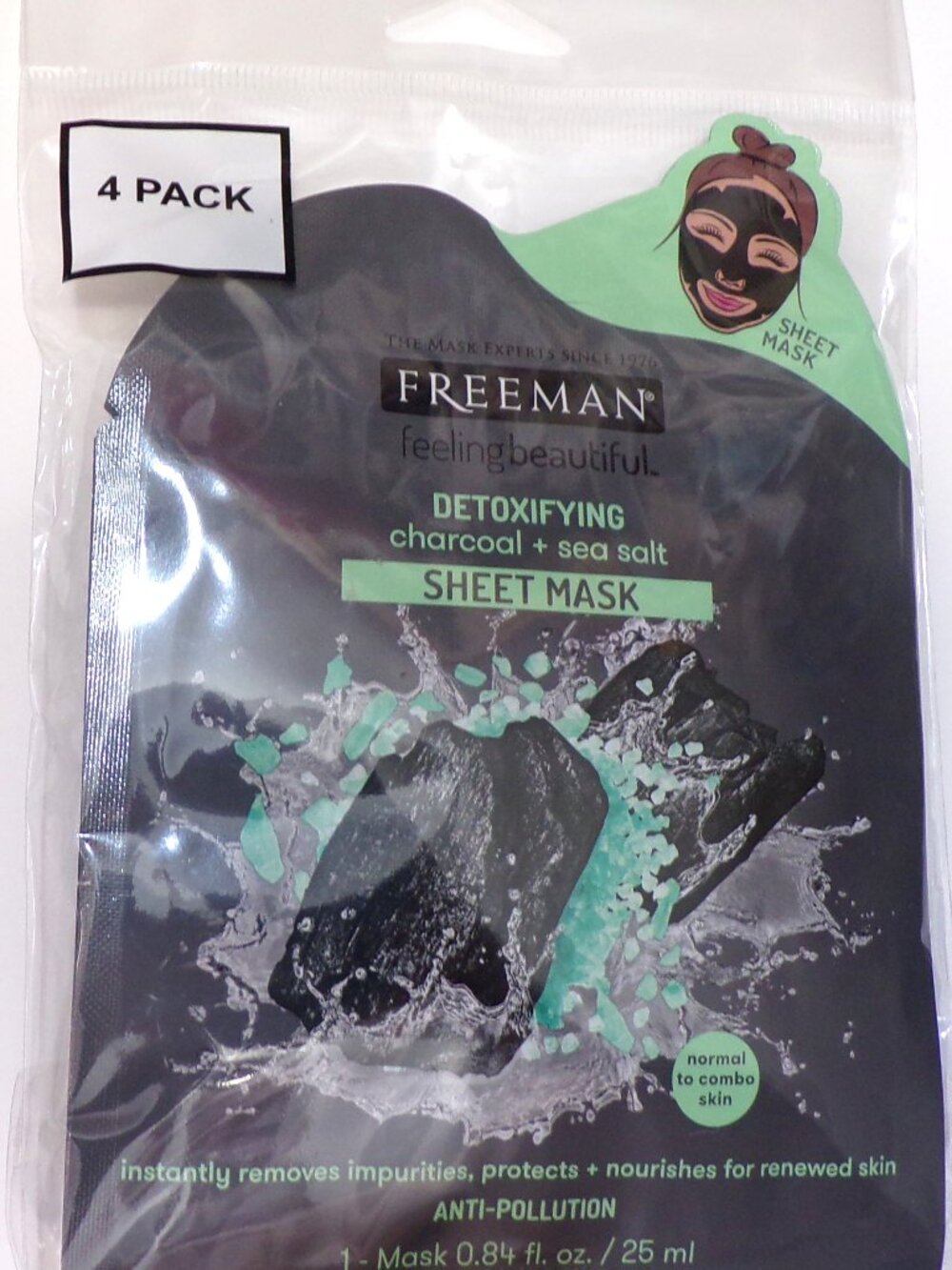 FREEMAN Feeling Beautiful Detoxifying Charcoal Sea Salt Sheet Mask 4-Pack